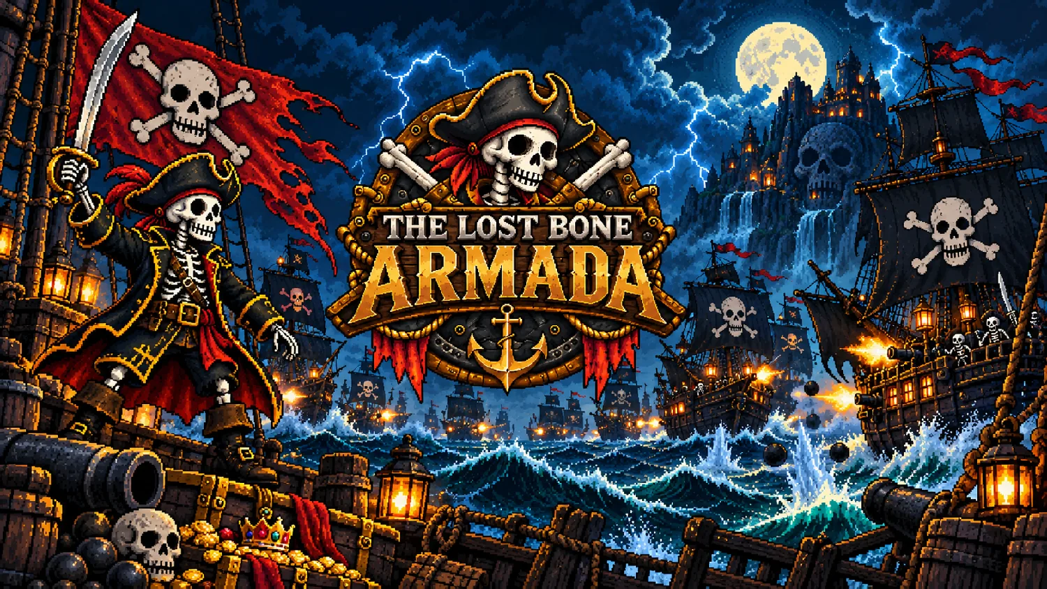 The Lost Bone Armada: skeleton pirate ships firing cannons under a lightning storm, the Armada crest at the centre